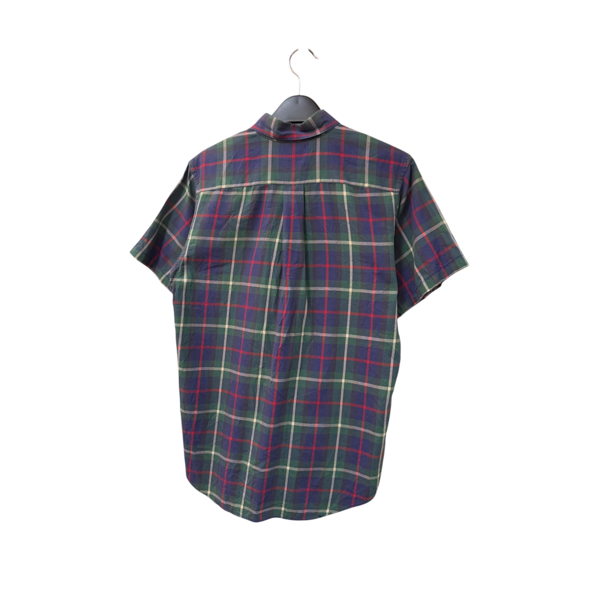 Back view of a Ralph Lauren short sleeve plaid shirt in green, blue, and red from SILLYEGG VINTAGE