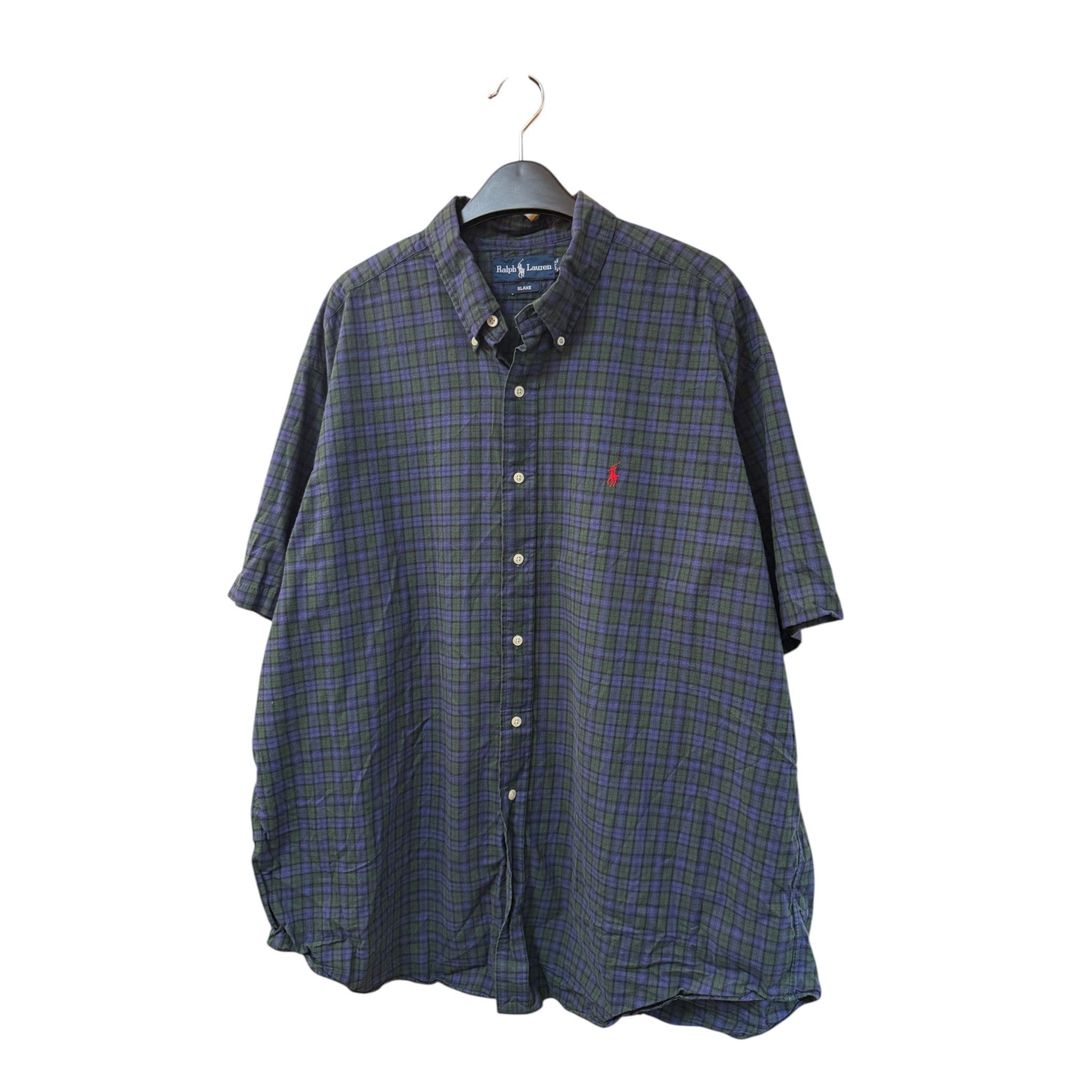 SILLYEGG VINTAGE Ralph Lauren short sleeve button-down shirt in a dark green and navy blue plaid check pattern
