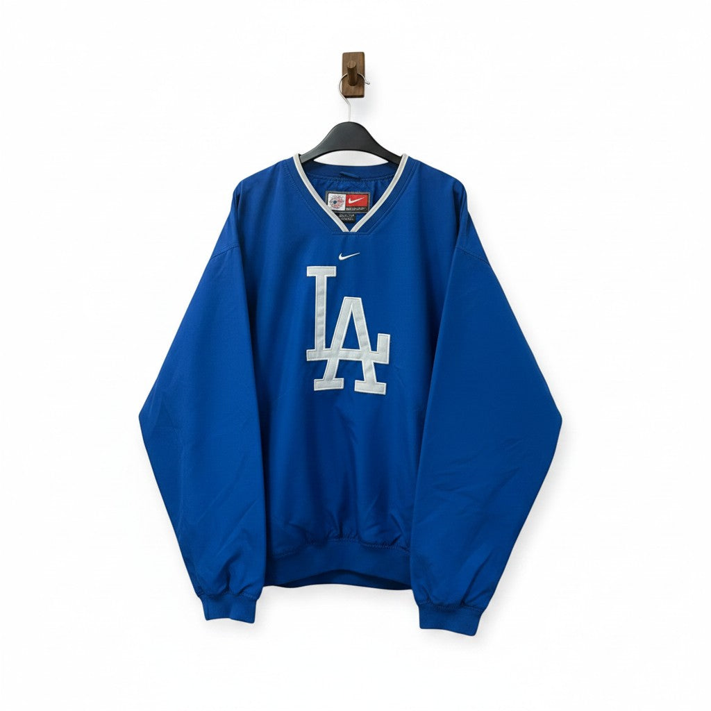 SILLYEGG VINTAGE 藍色 Nike MLB 道奇隊套頭衫，胸前有白色 LA 標誌與 Nike Swoosh 刺繡，V 領設計，XL 號。