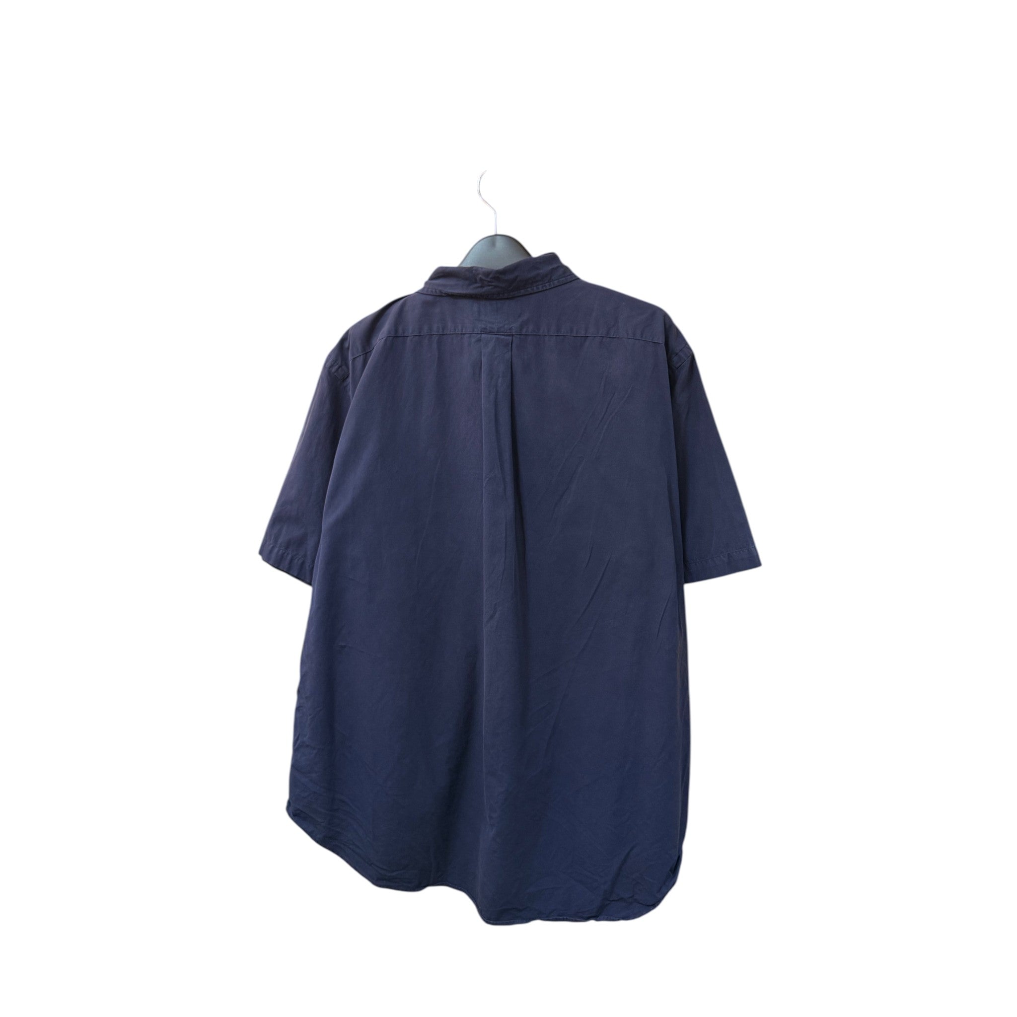 Back view of a navy blue Ralph Lauren short sleeve shirt from SILLYEGG VINTAGE, size XL, hanging on a hanger.