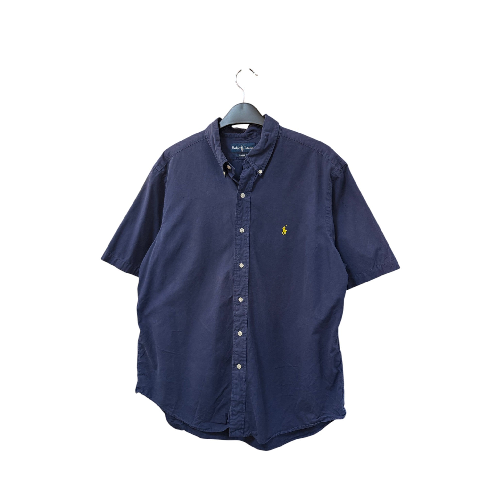 SILLYEGG VINTAGE navy blue Ralph Lauren short sleeve button-down shirt with yellow embroidered logo