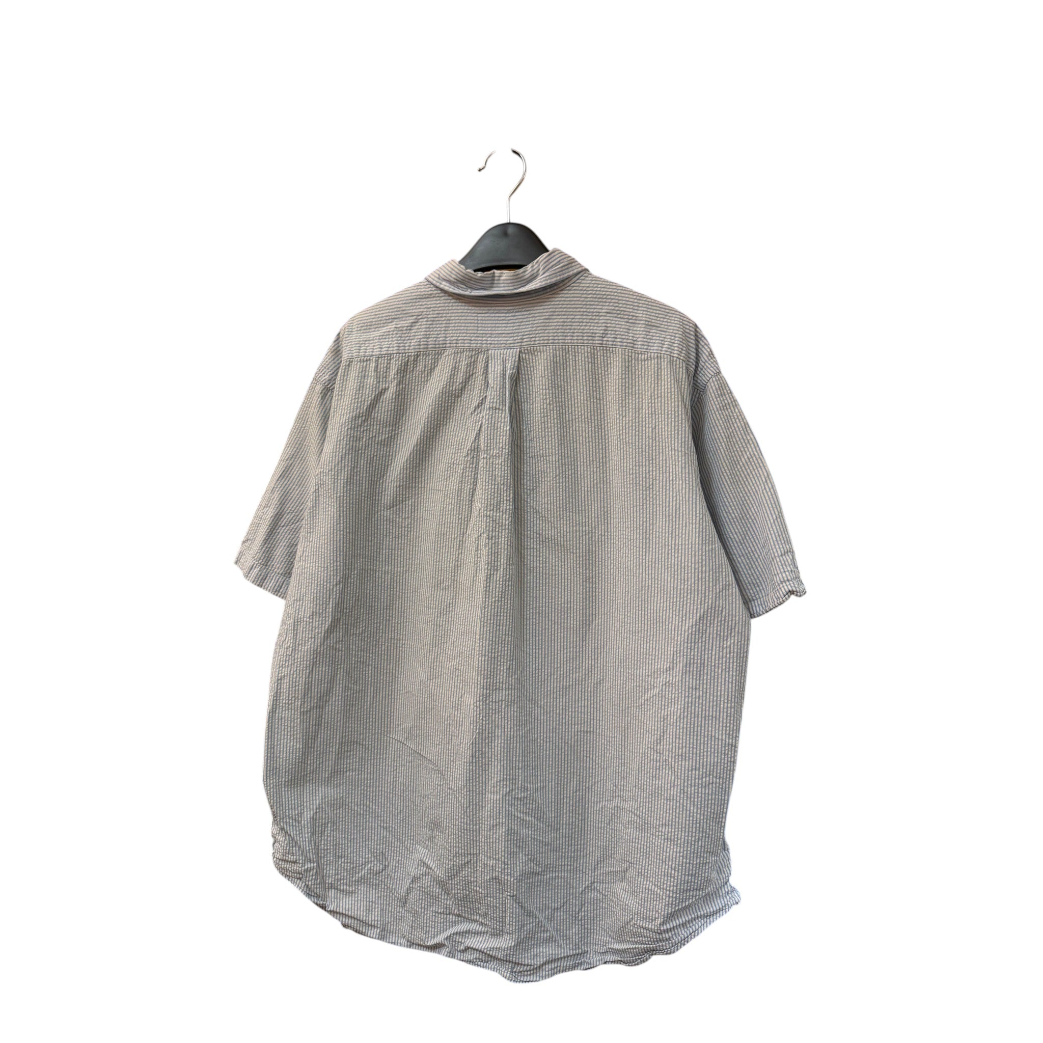 SILLYEGG VINTAGE Ralph Lauren short sleeve shirt in blue and white pinstripe, back view on a hanger.
