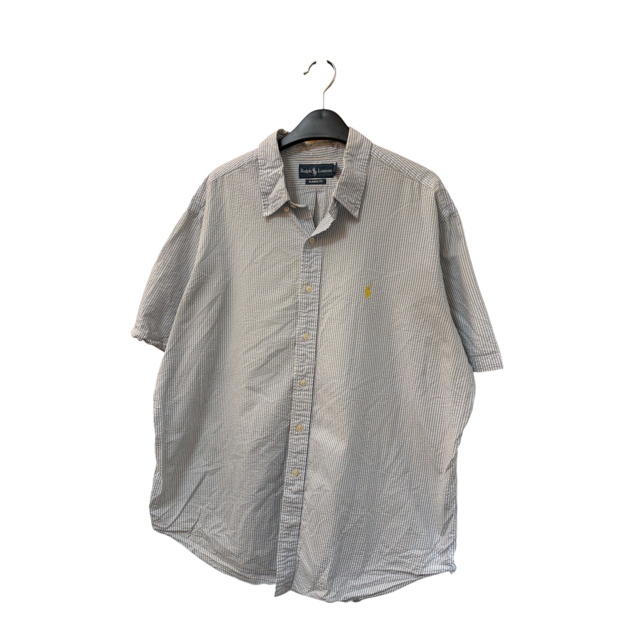 SILLYEGG VINTAGE Ralph Lauren short sleeve shirt in blue and white pinstripe seersucker fabric with yellow logo
