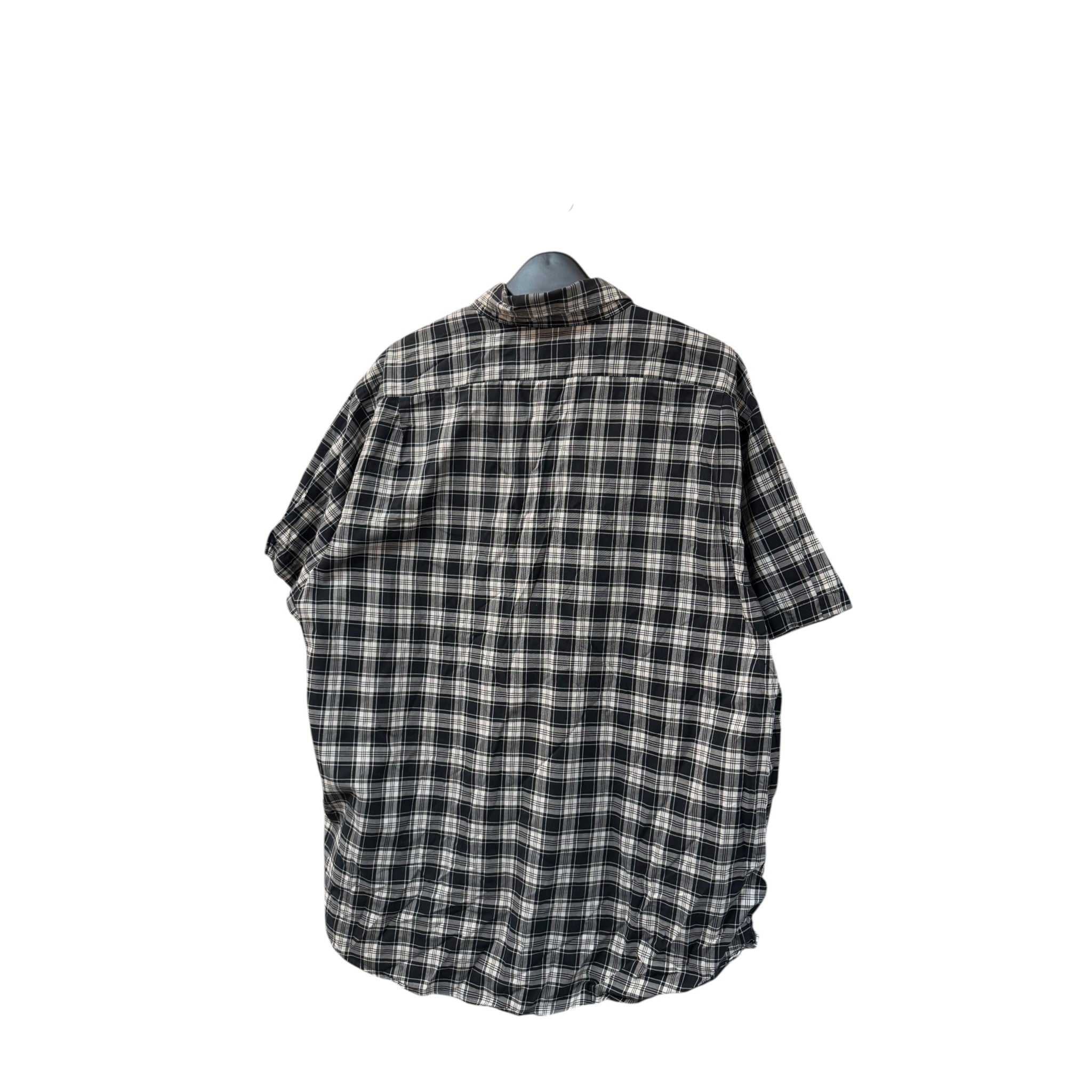 Back view of a SILLYEGG VINTAGE Ralph Lauren short sleeve shirt in a black and white plaid pattern.