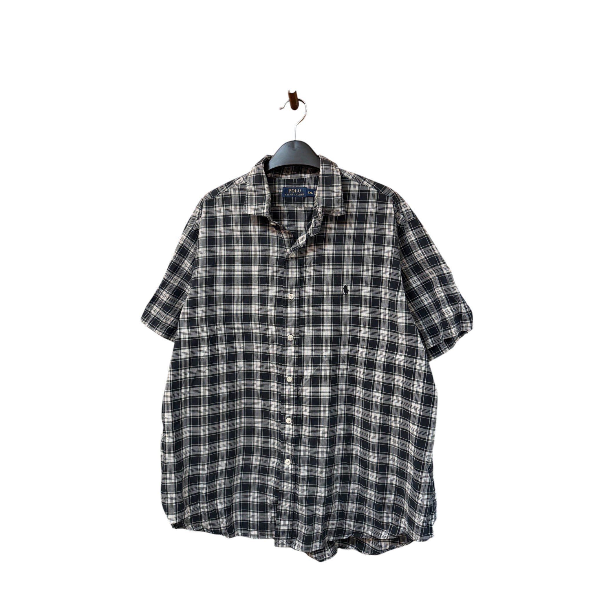 SILLYEGG VINTAGE Ralph Lauren short sleeve button-down shirt in a black and white plaid pattern, size 2XL.
