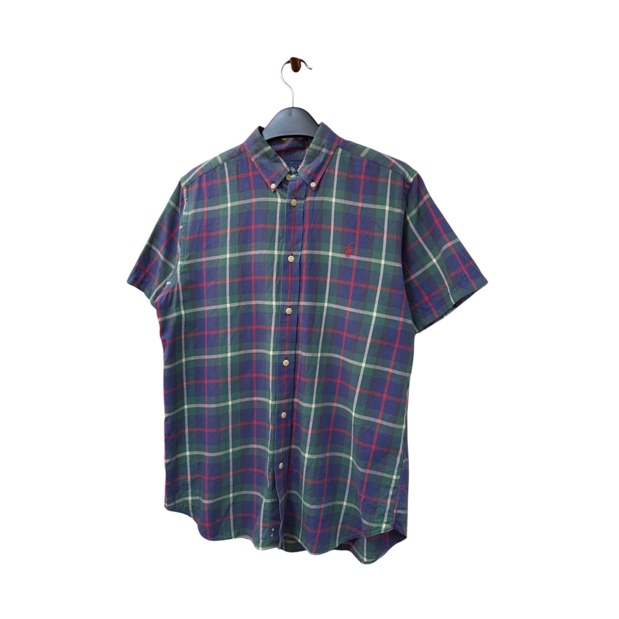 SILLYEGG VINTAGE Ralph Lauren short sleeve button-down shirt in a green, blue, and red plaid cotton pattern.
